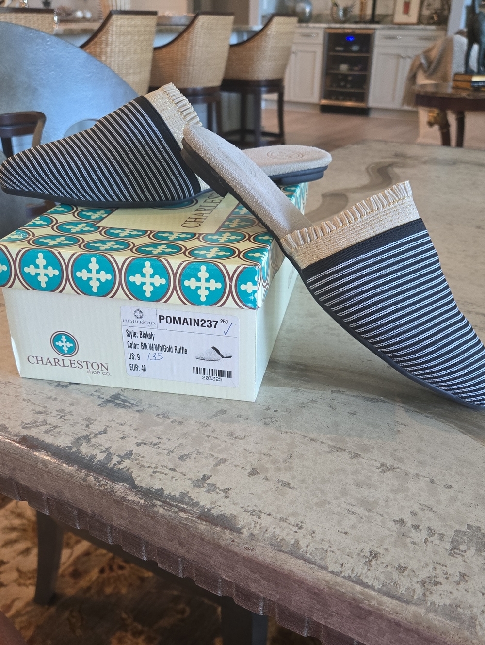 CHARLESTON SHOE CO. Black and White Striped Mule with Gold Ruffle Trim, NWT, 9